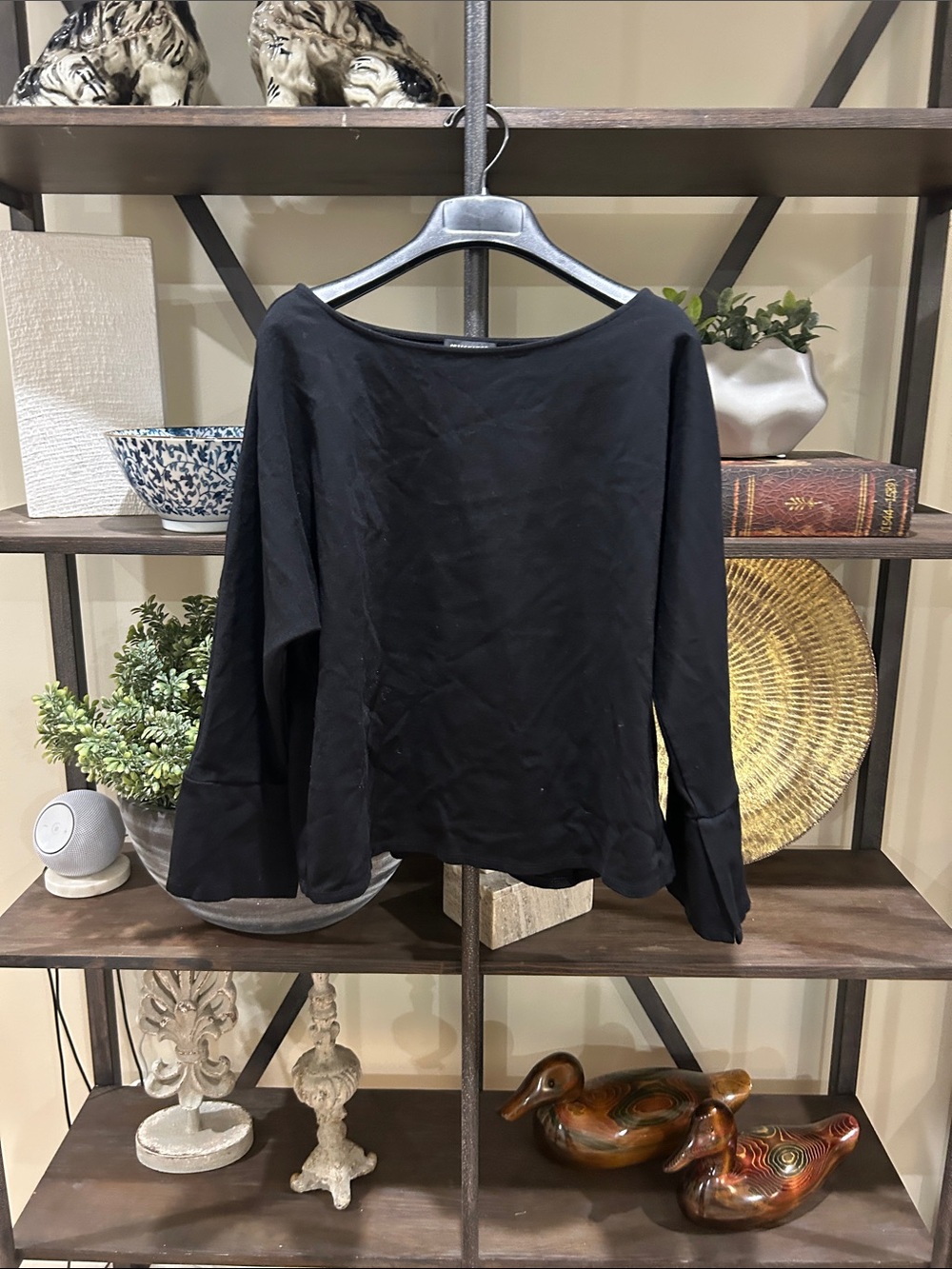 Josie Natori Black Boatneck Bell-Sleeve Top